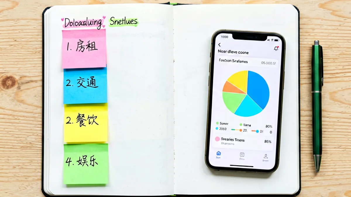 一张摊开的手账本上用彩色标签贴出各项支出分类，旁边是智能手机显示预算应用界面和一支金属笔