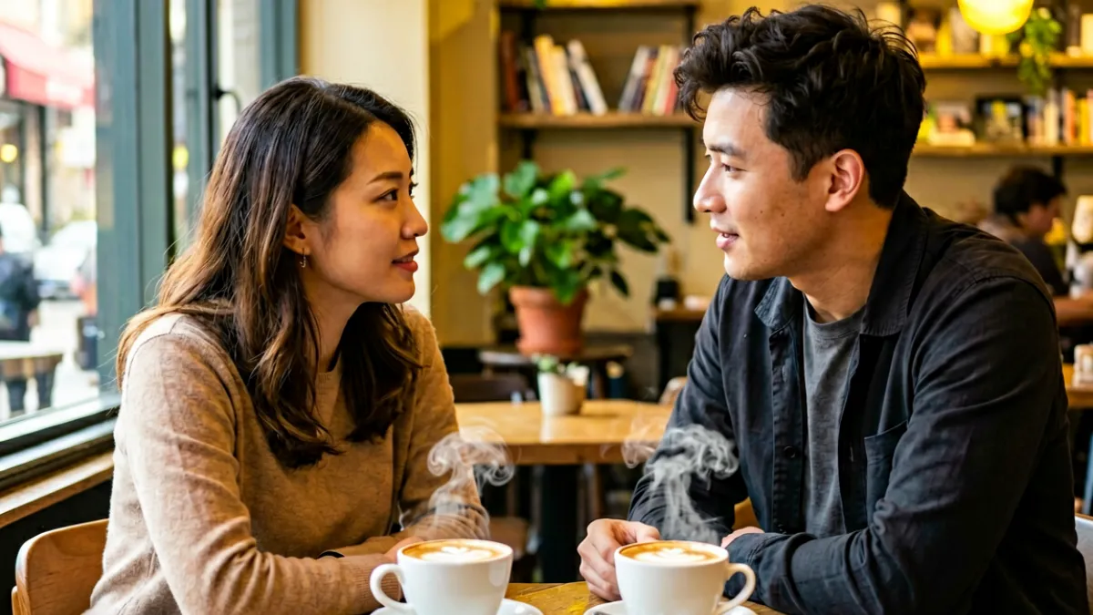 一对成年男女在咖啡馆里认真地交谈，桌上放着两杯咖啡，氛围温暖而坦诚，展现亲密关系中真诚沟通的场景
