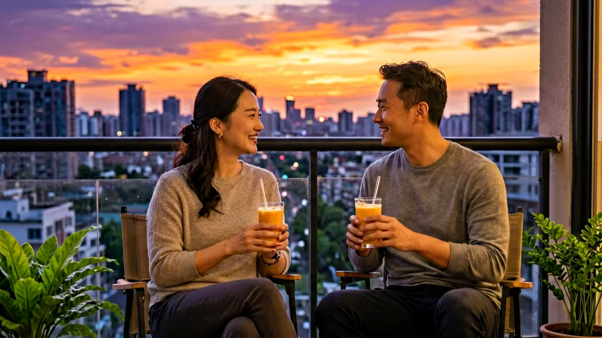 黄昏时分，一对情侣并肩坐在阳台上看城市夜景，距离不远不近，氛围安静舒适，呈现成熟亲密关系中彼此陪伴又各自自在的状态