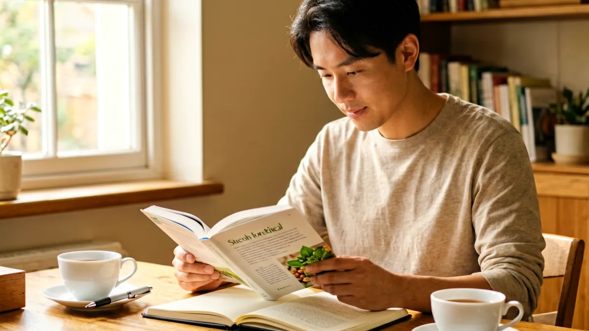 一位成年人在书房安静阅读健康指南，桌上放着笔记本和茶杯，窗外阳光柔和，体现身心自洽的生活方式